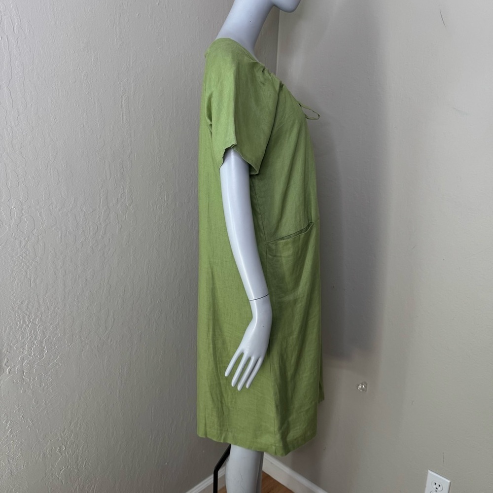 LAZYBONES 100% Linen Short Sleeve Green Midi Dress Drawstring Neck Size XS/S - Picture 8 of 12